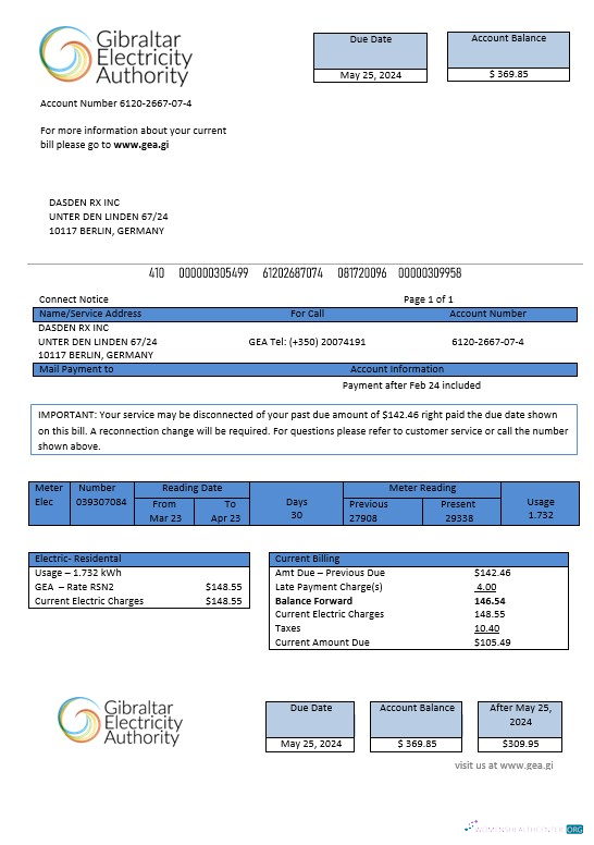 Download Gibraltar Electricity Authority business utility bill Word and PDF template Photoshop template